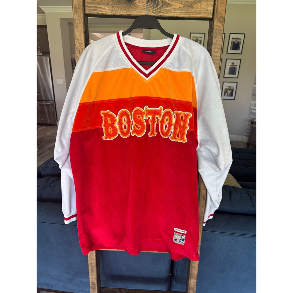 Vintage DELF Boston Baseball Velour Jersey Red Orange White Mens XL Long Sleeve